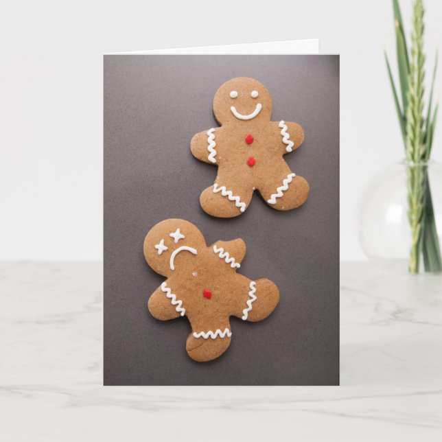Två pepparkaksgubbar på grå färg helgkort (Framsida)