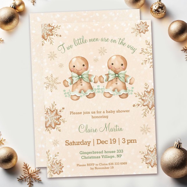 Två Pepparkaksgubbar Twillingar jul - babystövel Inbjudningar (Two Gingerbread Men Twins Christmas Baby Shower Invitation)