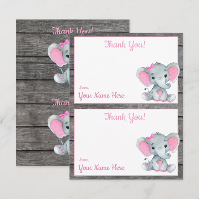 Två per sida Tacksamhetskort Elefantflicka Baby Sh Inbjudningar (Fram/baksida)