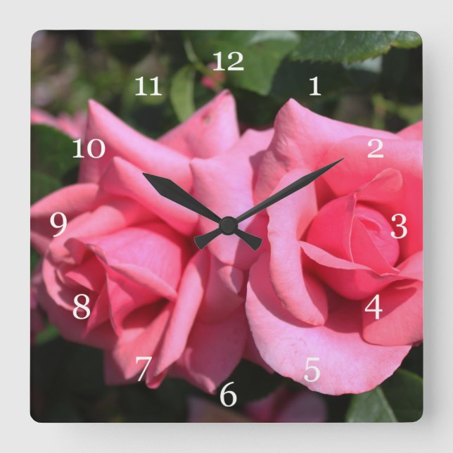 två perfekter blommor från shock rosa ro. kärlek fyrkantig klocka (Framsida)