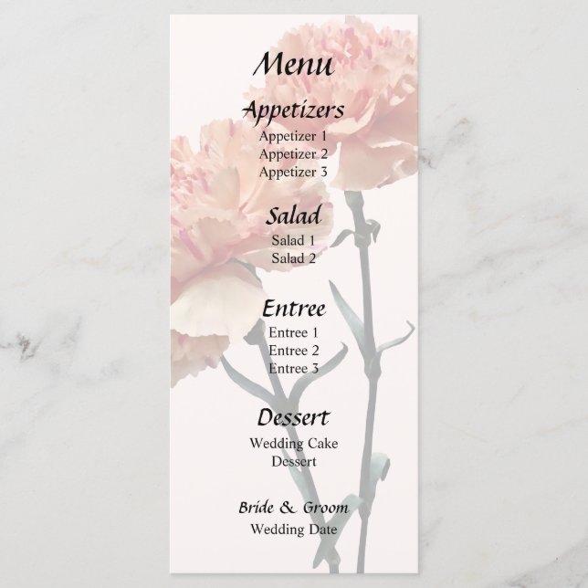 Två persikor och Rosa Carnations Bröllop Menu Meny (Framsida)