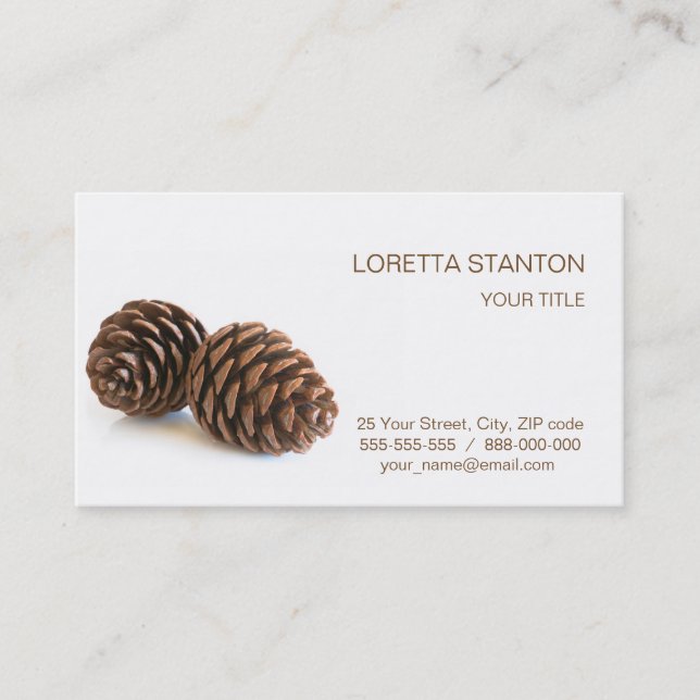 Två pinekon visitkort (Framsida)