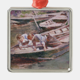 Två pojkar i en båt (av Theodore Robinson) Julgransprydnad Metall