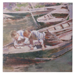 Två pojkar i en båt (av Theodore Robinson) Kakelplatta