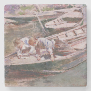 Två pojkar i en båt (av Theodore Robinson) Stenunderlägg