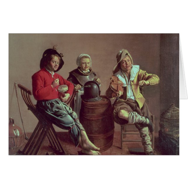 Två pojkar och en flickadanandemusik, 1629 hälsningskort (Framsidan Horizontal)