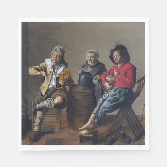 Två pojkar och en tjej Skapar musik (musiker) Pappersservett (Framsidan)