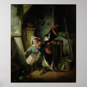 Två pojkar som dockar upp som soldat poster