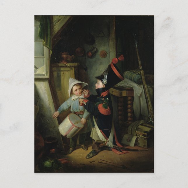 Två pojkar som dockar upp som soldat vykort (Framsida)