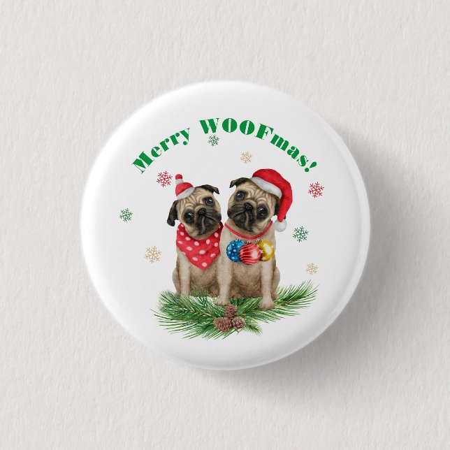 Två Pug Hundar i Santa Hats - Merry WOOFmas! Knapp (Framsida)