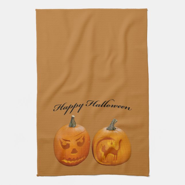 Två Pumpkins Happy halloween Kökshandduk (Vertikal)