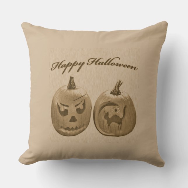 Två pumpor Glad Halloween Kudde (Framsida)