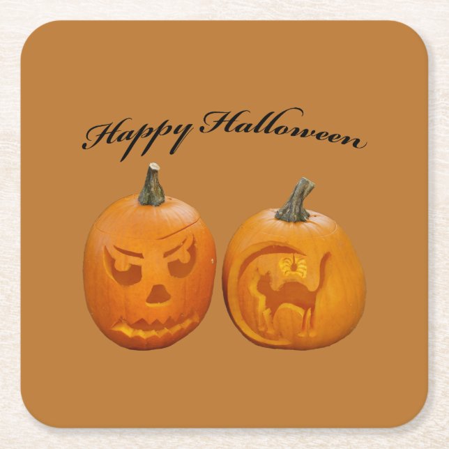 Två pumpor Glad Halloween Underlägg Papper Kvadrat (Framsidan)