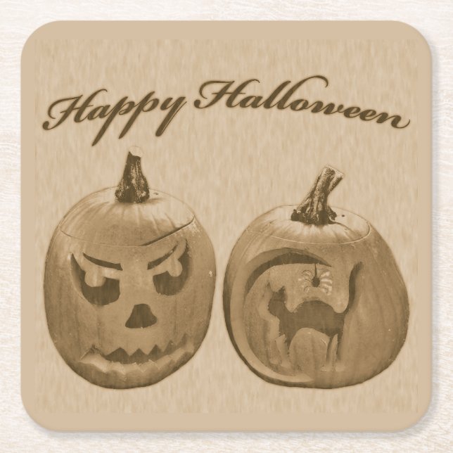 Två pumpor Glad Halloween Underlägg Papper Kvadrat (Framsidan)