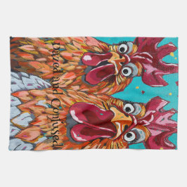 Två Quirky Tuppar Kökshandduk