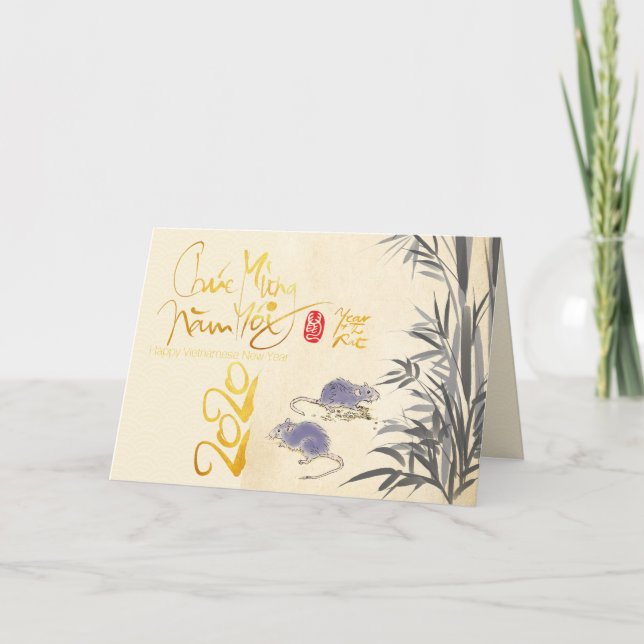 Två Råttor Bamboo vietnamesisk nyårsjubileum 2020  Helgkort (Framsida)