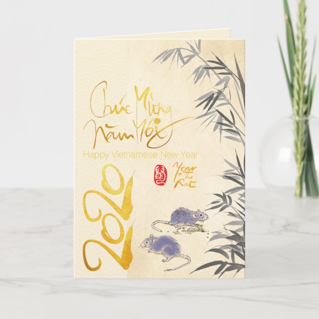 Två Råttor Bamboo vietnamesiska nyår 2020 GC Helgkort (Framsida)