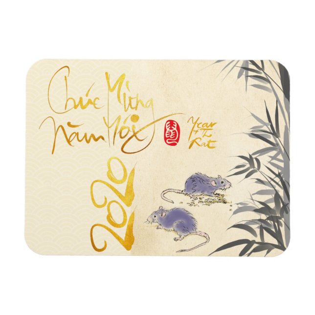 Två Råttor Bamboo vietnamesiska nyår 2020 HFM Magnet (Horisontell)