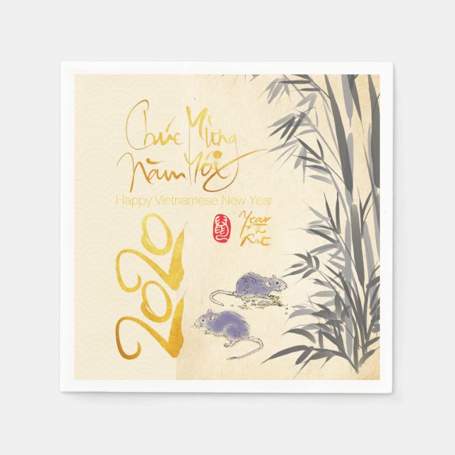 Två Råttor Bamboo vietnamesiska nyår 2020 Party PN Pappersservett (Framsidan)
