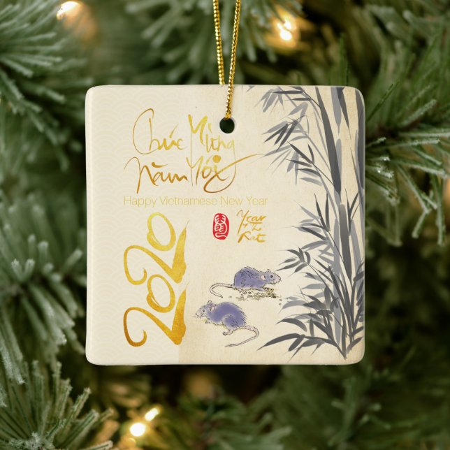 Två Råttor Bamboo vietnamesiska nyår 2020 SqCO Julgransprydnad Keramik (Träd)