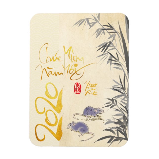 Två Råttor Bamboo vietnamesiska nyår 2020 VFM Magnet (Vertikal)