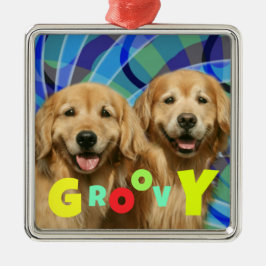 Två Retro Golden Retriever Hundar Psychedelic Groo Julgransprydnad Metall