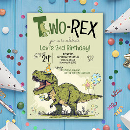 Två-Rex Cute Dinosaur Tecknad 2:a födelsedagen Par Inbjudningar