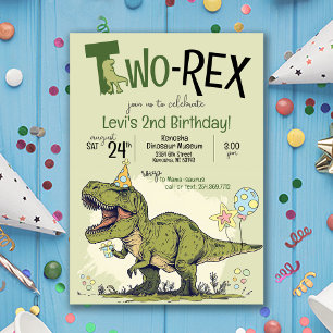 Två-Rex Cute Dinosaur Tecknad 2:a födelsedagen Par Inbjudningar