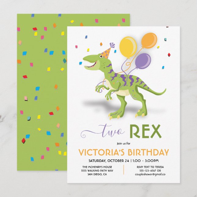 Två Rex Dinosaur Födelsedagsfest inbjudan (Fram/baksida)