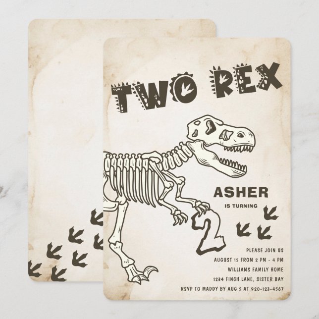 Två Rex Dinosaur-Födelsedagsfester Inbjudningar (Fram/baksida)