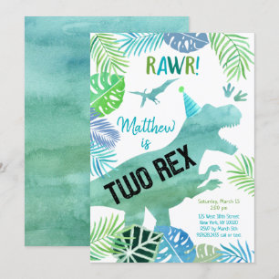 Två Rex Dinosaur Greenery Birthday Inbjudningar