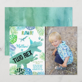 Två Rex Dinosaur Greenery Birthday Inbjudningar