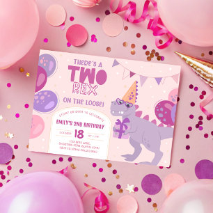 Två Rex Girl Birthday-inbjudningar. Dino 2:a Inbju Inbjudningar