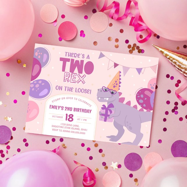 Två Rex Girl Birthday-inbjudningar. Dino 2:a Inbju Inbjudningar (Two Rex Girl Birthday Invitation. Dino 2nd Invite. Printable Dinosaur Second Birthday. Modern Kids T)