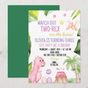 Två Rex Girl-dinosaur-inbjudan för andra födelseda Inbjudningar