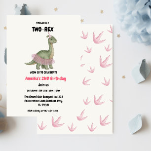 Två Rex-Redo-dinosaurer, flicka andra Födelsedagsf Inbjudningar