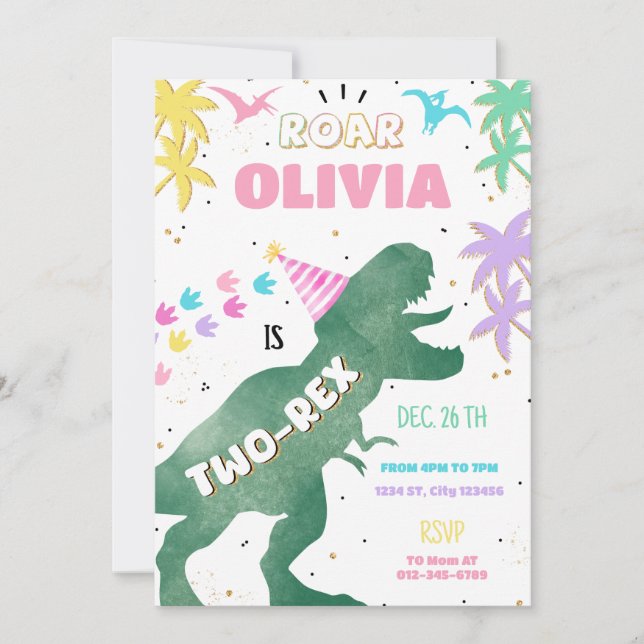 Två-Rex Rosa Dinosaur Girl 2:a födelsedagsinbjudan Inbjudningar (Framsida)