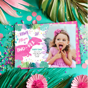 Två-Rex Rosa Dinosaur Girl 2 Second Birthday Inbjudningar