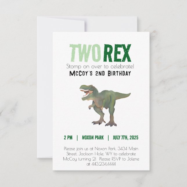 Två Rex Trex Dinosaur Birthday-inbjudningar 2 år Inbjudningar (Framsida)