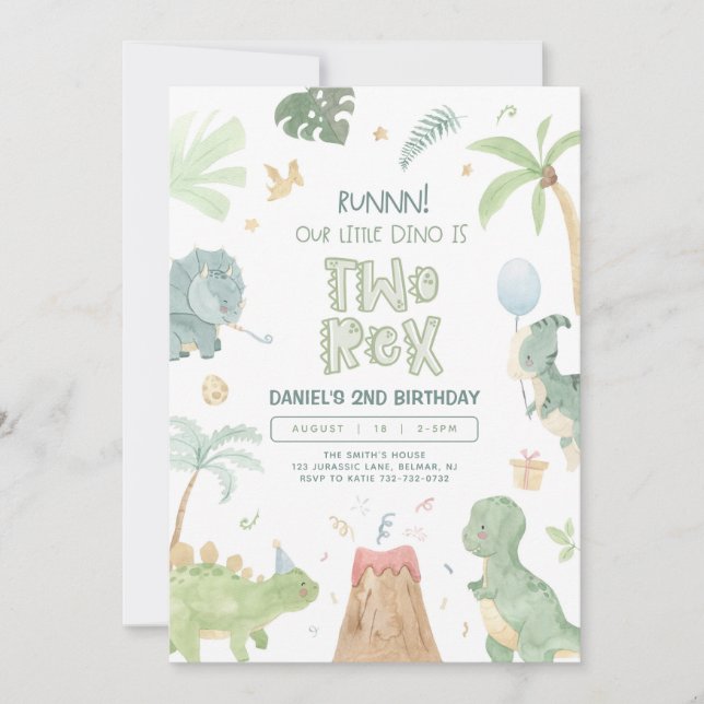Två Rex Vår lilla Dino Andra födelsedagen Inbjudningar (Framsida)