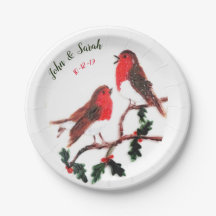 Två Robin Birds Winter Holly Bröllop