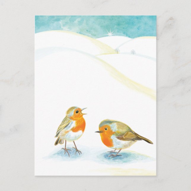 Två Robin Redbreast i Winter Helg Vykort (Framsida)