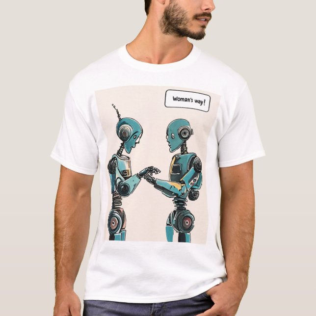 Två robotar mot varandra, en som skriver en greeti t shirt (Framsida)