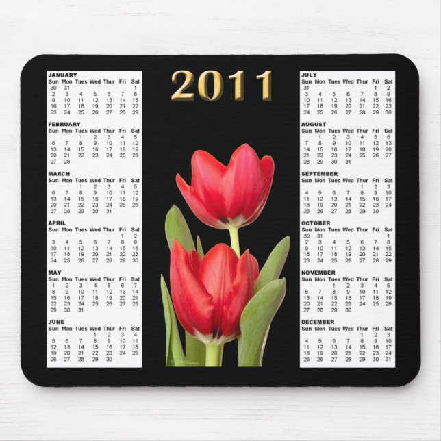 Två röd kalender Mousepad för tulpan 2011 Musmatta (Framsidan)