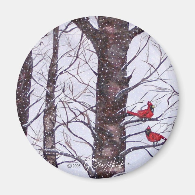 Två röda fåglar i vinter magnet (Framsidan)