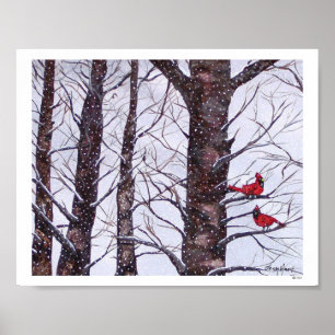 Två röda fåglar i vinter poster