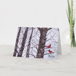 Två röda fåglar på vintern helgkort