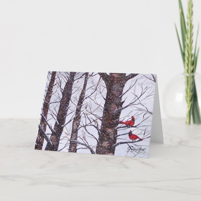 Två röda fåglar på vintern helgkort (Framsida)