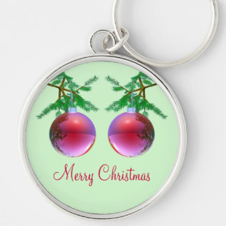 Två Röda God jul Bollar Rund Silverfärgad Nyckelring