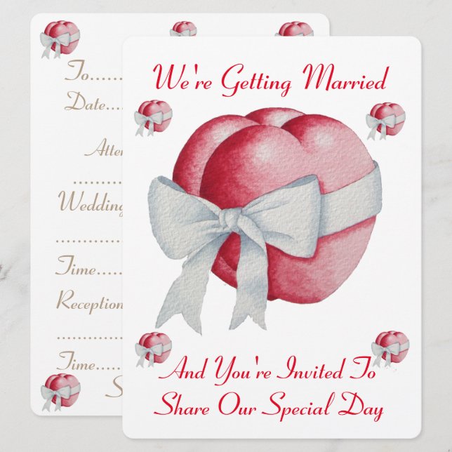 två röda hjärtan med vit bog bröllop inbjudningar (Fram/baksida)